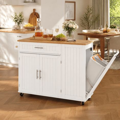 Meuble cuisine îlot mobile avec plan de travail rabattable, roulettes verrouillables, blanc HAVRYA (1/5)
