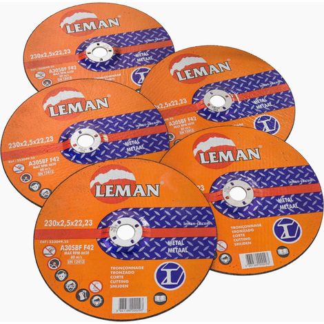 Leman – Disque à tronçonner 230 mm – Alésage 22,23 mm – Épaisseur 2,5 mm – Pour découpe de métal – Lot de 5 pièces