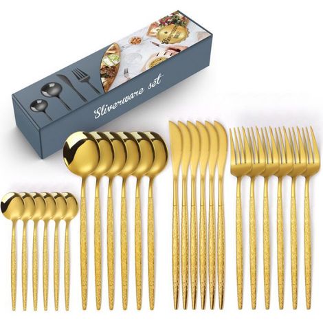 Couverts en acier inoxydable, 24 pièces, couteau, fourchette, cuillère, lavable au lave-vaisselle - texture or (1/4)