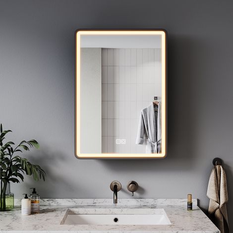 ELEGANT Bathroom LED Mirror Wall Bathroom Mirror Cabinet with Shaver Socket, Bright Adjustment and 3 Lights Changing Modes 500x700mm, Black (1/5)