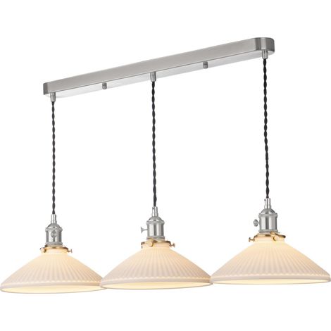 Dar Hadano Suspension Hadano à 3 barres lumineuses, finition chrome antique et céramique, abat-jour peu profond (1/3)