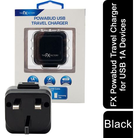 FX Mains Charger Powabud for USB 1A & Micro USB Devices for USB 1A -  Black