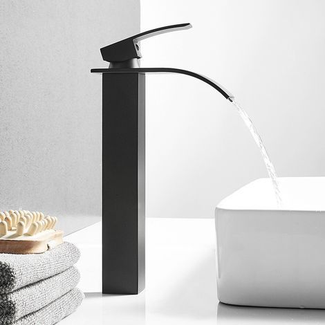 Mitigeur de lavabo cascade à col de cygne, robinet de salle de bain en acier inoxydable noir pour vasque à poser (1/3)