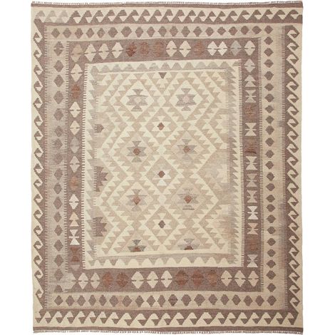 Tapis kilim 164 x 201 cm, ethnique, beige, crème, marron, en laine naturelle, tissé plat authentique (1/5)