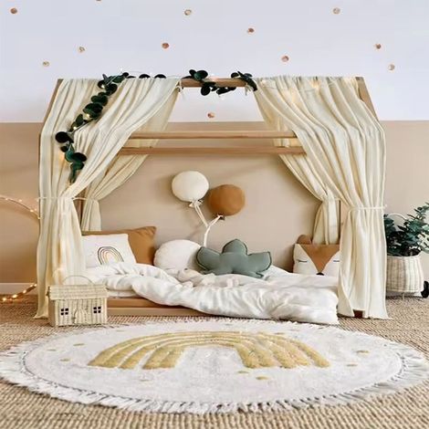 Rideau de lit occultant style nordique, double couche en crêpe de coton pur, pour lit d'enfant et bébé – Beige – 120 x 350 cm (1/5)