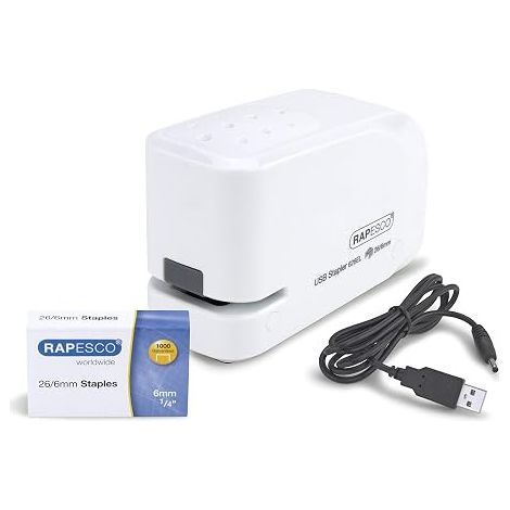 RAPESCO 1453 AGRAFEUSE AUTOMATIQUE À RECHARGEMENT PAR USB/PILES BLANC