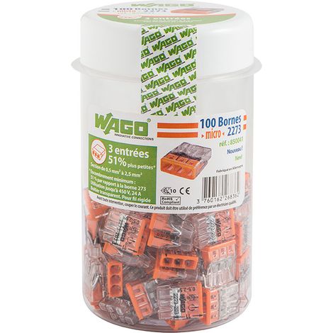 Wago – Pot de 100 mini bornes de connexion automatique 3 fils – Type PUSH WIRE® – 450V 24A – Raccordement 0.5 à 2.5 mm²