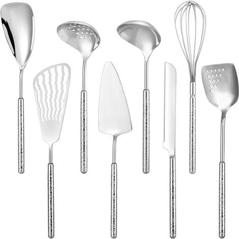 Set d'Ustensiles de Cuisine en Acier Inoxydable 304, Set de 8 Ustensiles de Cuisine, Louche, Écumoire, Spatule à Fentes, Spatule à Poisson, Cuillère de Service, Fouet, Couteau à Pain, Pelle à Gâteau (1/5)
