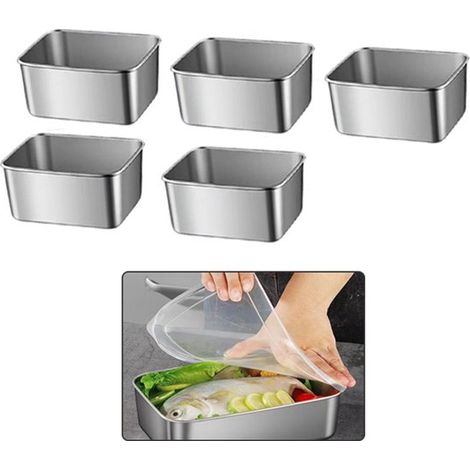 Set di 5 contenitori per alimenti in acciaio inox, portapranzo con coperchio antipolvere per frigorifero, forno, forno a vapore, cucina, conservazione degli alimenti - Argento (1/5)