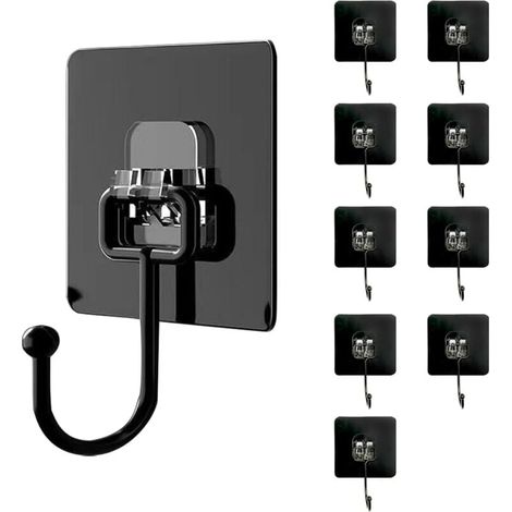 Lot de 10 Cochet Adhésif Mural(Maximum 30 kg) - Noir - Étanche et Sans Trace - Fixation Murale Sans Percer Pour Salle de Bain, Plafond, Crochet Mural, Ustensiles de Cuisine, Clés, Sac à Dos (1/4)