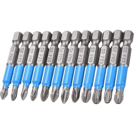 Lot de 12 50 mm de long embouts pour visseuse, embouts de tournevis cruciformes magnétiques à tige hexagonale de 1/4'' pour perceuse électrique PZ1, PZ2, PZ3, PH1, PH2, PH3 (1/5)