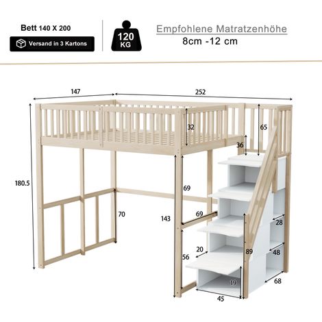 Hochbett 140x200cm mit Sicherheitsaufbewahrungsleiter, Sicherheitsumrandung, Bettgestell aus massiver Kiefer, Geeignet für Kinder, Jugendliche und Erwachsene, Holzfarbe, Altes SKU LDB00311AAN (1/5)