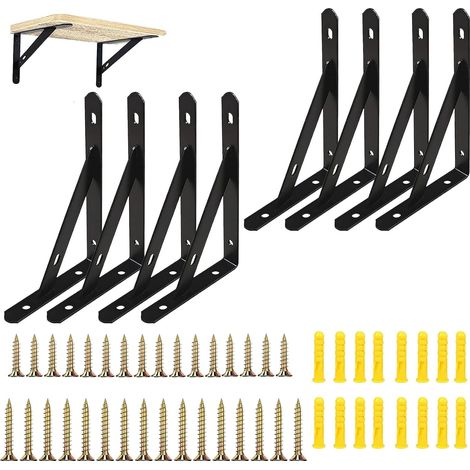 8 pcs Equerre Etagere Murale Noire Equerre Fixation Murale Support Étagère Murale Triangulaire Metal Equerre Murale Charge Lourde avec Vis pour Déco Cuisine Chambre Meubles 20×12cm (Charge 30kg) (1/5)
