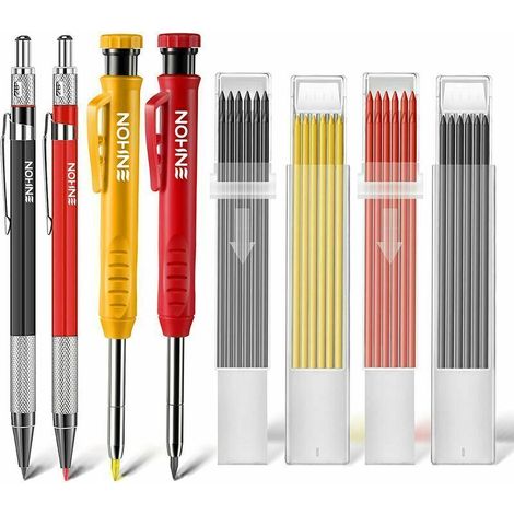 royaluxe -Set de crayons de charpentier Marqueurs de trous profonds avec 40 mines de crayon, 4 Portemines avec taillecrayon intégré, crayons de charpentier Outils de marquage pour le chantier (1/5)