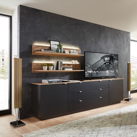 TV Sideboard Set mit Wandregalen Fernsehschrank schwarz mit Eiche, Breite 240 cm CUST-36 inkl. LED Beleuchtung (1/5)
