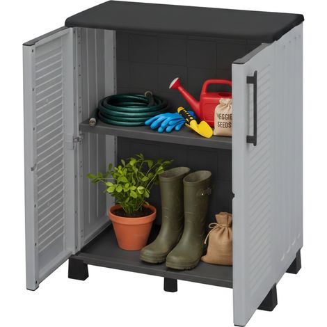 Dmora Mehrzweck Außen oder Innenschrank, niedriger Kleiderschrank mit 2 Türen und 1 Polypropylen Regal, 100% Made in Italy, 68x37h90 cm, graue Farbe