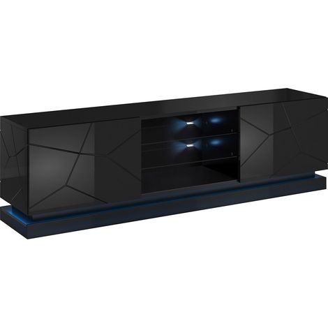 Meuble TV Charlotte 128, Noir + Noir brillant, Le nombre de portes: 0, Nombre de tiroirs: 0, 200x57x40cm, LED