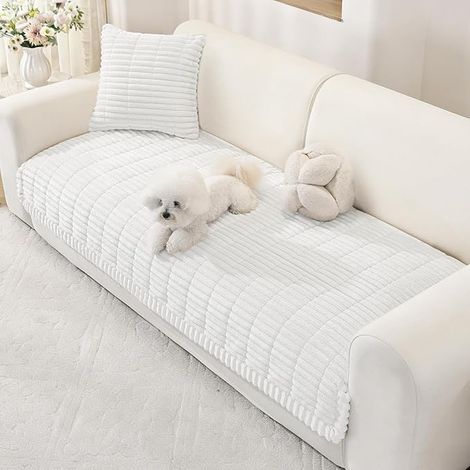 Flannel Sofa Cover, Thick Washable Corner Sofa Cover, Sofa Cover with Chaise Left/Right, Non-Slip, Stain Resistant (White, 90 x 120 cm) (1/4)