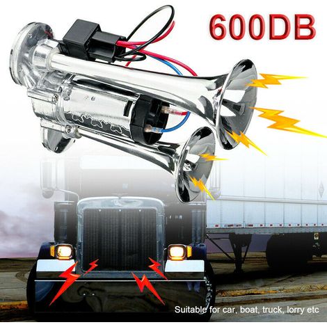 Klaxon pneumatique double 12V 600DB à haut niveau sonore, kit de klaxon électrique à trompette pour gros camions et bus