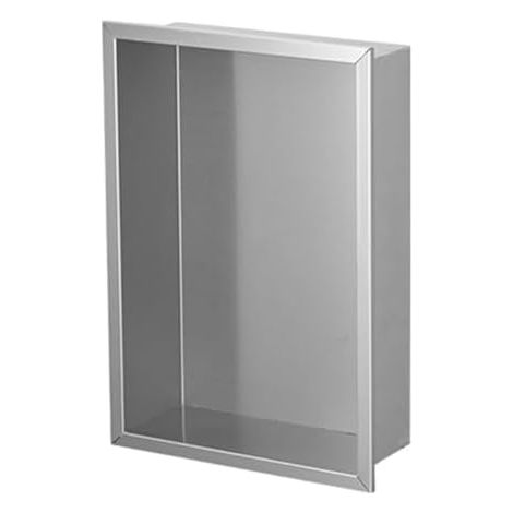 Estante rectangular de acero inoxidable gris, empotrado, de diseño compacto, almacenamiento moderno para la ducha.