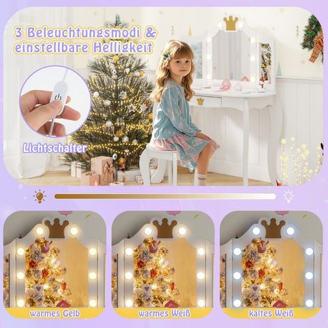 Kinder schminktisch mit beleuchtung frisiertisch madchen mit dreifach klappbarem spiegel wei