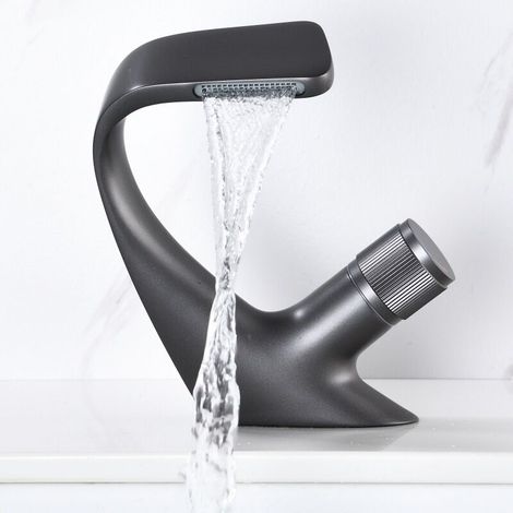 Wasserfall-Waschtischarmatur, luxuriöser Warm- und Kaltlicht-Waschtischarmatur (Einloch-Gun-Grau-Kupfer)