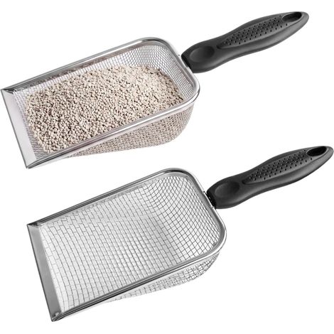 Set of 2 Metal Cat Litter Scoops, Cat Litter Scoop with 3mm and 5mm Holes Cat Litter Scoop with Ergonomic Handle and Hanging Hole, Silver (1/5)