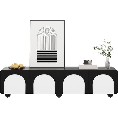 Meuble TV 180 cm noir et blanc avec 2 tiroirs et 2 portes, buffet bas moderne
