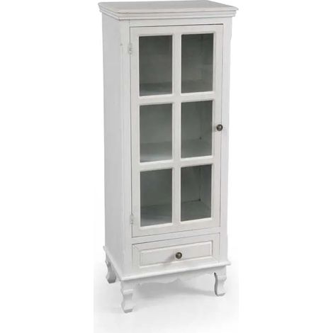 Vitrine Perla en bois blanc antique 48x32x120 cm, design classique shabby chic avec vitrine en verre et tiroir.