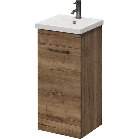 Napoli 390 Tobacco Oak 400mm Single Door Vanity Unit with Glide Basin - 400mm - Gunmetal Grey 160mm Handle