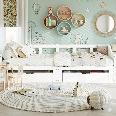 Dans Les Nuages – Lit gigogne 90/180x200 cm en bois massif – Canapé convertible avec 2 tiroirs – Sommier à lattes – Charge maximale 350 kg – Blanc (1/5)