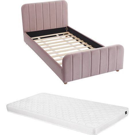 Letto 90 x 190 cm Velluto con cuciture verticali Rosa + Materasso - ROGADI