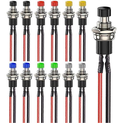 Lot de 12 mini-interrupteurs à bouton-poussoir momentanés de 7 mm, précâblés marche/arrêt, bouton rond à 2 broches, multi-tension 3 V-230 V/1 A pour applications ferroviaires