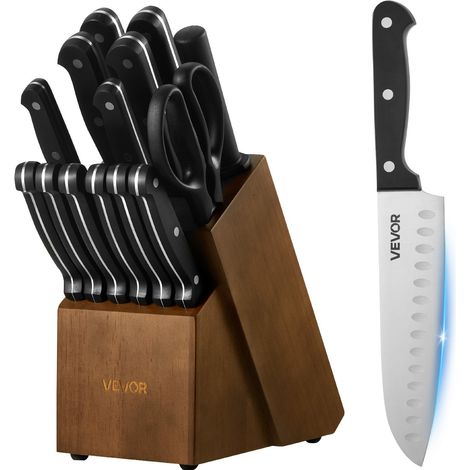 Set Couteaux Cuisine avec Bloc et Aiguiseur 15PCs, Bloc de Couteaux Allemands en Inox à Haute Teneur en Carbone, Coutellerie Haute Dureté avec Manche Ergonomique en ABS, pour Cuisinier (1/5)
