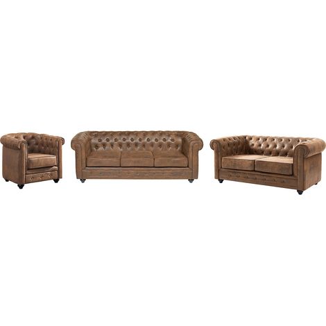 Vente-Unique – Canapé Chesterfield 3 places et 2 places en microfibre aspect cuir vieilli – Confort optimal avec assise déhoussable – Style vintage élégant (1/5)
