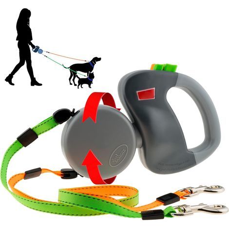 Laisse extensible et anti-nœuds pour deux chiens avec poignée en gel innovante – convient pour promener 2 chiens jusqu'à 22,7 kg chacun – laisse de 3 m de long, grise, taille S/M (1/4)