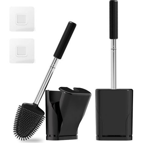Silikon-Toilettenbürste, schwarze Toilettenbürste, flache Toilettenbürste mit Halterung, Hänge-Toilettenbürste mit Loch, Wand-Toilettenbürste mit Edelstahlgriff (1/5)