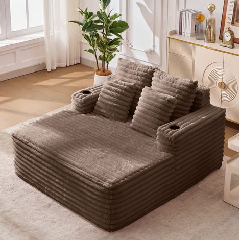 Canapé-lit méridienne en fausse fourrure marron, assise douce à rayures verticales, porte-gobelets intégrés, sans montage, pour lire, se détendre ou faire une sieste – CHICFURN (1/5)