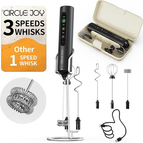 Mousseur à lait Rechargeable avec Support, 3 Vitesses Variables 3 Fouets et Boîte de Rangement, Mélangeur Électrique pour Cappuccino, Chocolat Chaud, œufs et Poudre de Protéines, Noir