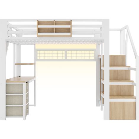 Letto a soppalco in metallo 140x200 cm con scrivania, 3 cassetti, armadio e LED, bianco MODENUIT (1/5)