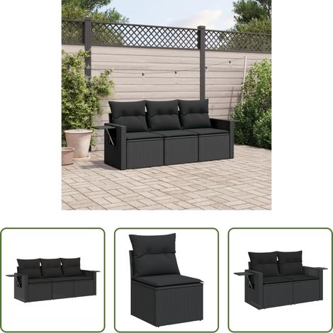 Gartenmöbel - 3-tlg. Garten-Sofagarnitur mit Kissen Schwarz Poly Rattan (1/5)