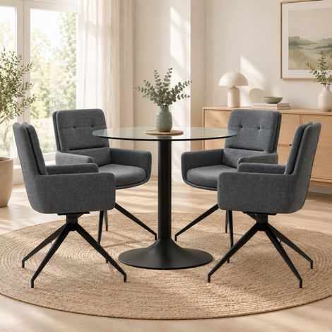 Conjunto de mesa redonda de vidrio templado Ø85 cm con 4 sillas giratorias gris oscuro (1/5)