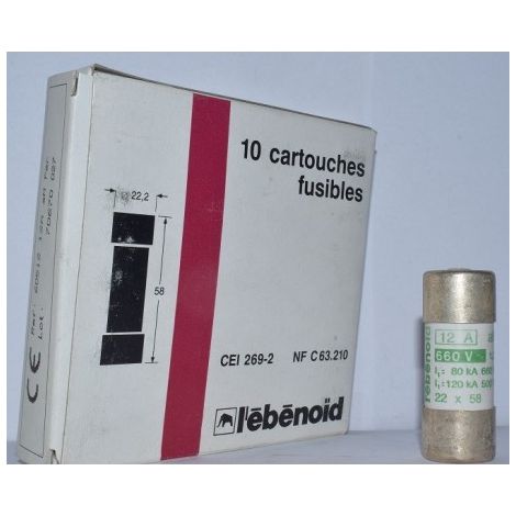 Fusible 12A cartouche 22X58mm aM usage industriel (boite de 10) HPC 80kA 660V avec percuteur EBENOID 060512 (1/2)