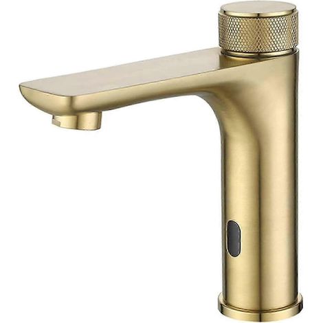 Robinet à capteur, marche/arrêt automatique, économie d'eau, alimenté par piles, double commande pour l'eau chaude et froide, finition or brossé. (1/5)