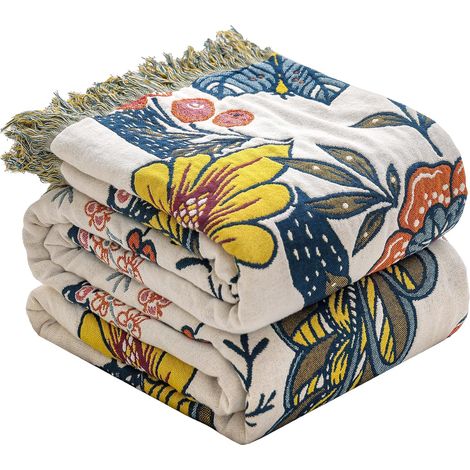 Couvre-lit style bohème, 100 % coton, 230 x 250 cm, motif fleurs de grenade, couverture réversible pour lit, canapé et salon, en mousseline ultra douce (1/5)