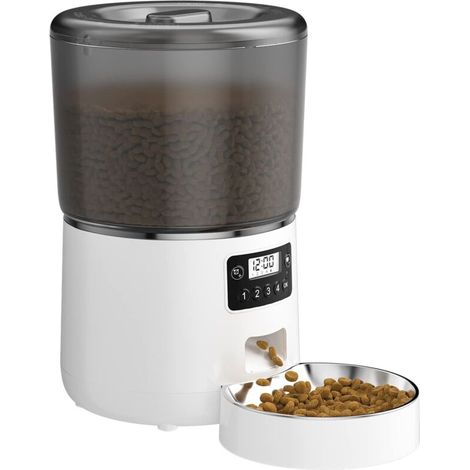 Distributeur automatique de nourriture pour chats et chiens, d'une capacité de 4 litres, programmable, anti-obstruction, contrôle des portions (blanc) (1/5)