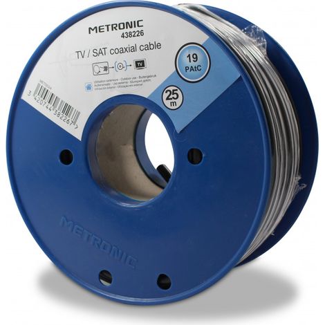 Câble coaxial pour antenne TV et satellite 25 m – Faible perte pour réception optimale – Bobine 17 PAtC – Couleur noire – Metronic
