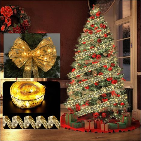 LED-Lichterkette mit Satinband zur Christbaumdekoration, 5 Meter, 50 Lichter, drei Batterieboxen mit Blitz, goldenes Band mit warmem Licht