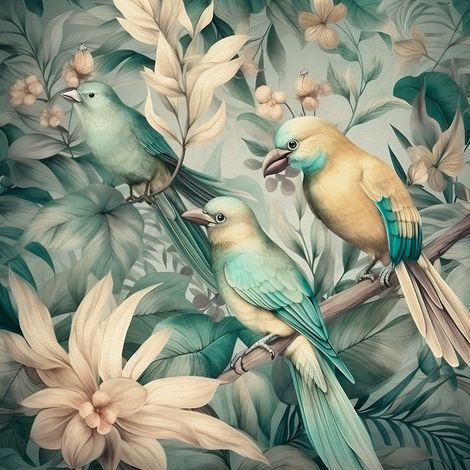 Papier peint panoramique - Fleurs Oiseaux - 130 cm x 130 cm (1/2)