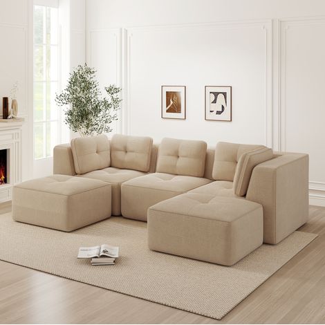 REDOM - Canapé d angle modulaire, assise profonde, confort enveloppant, tissu côtelé beige (1/5)